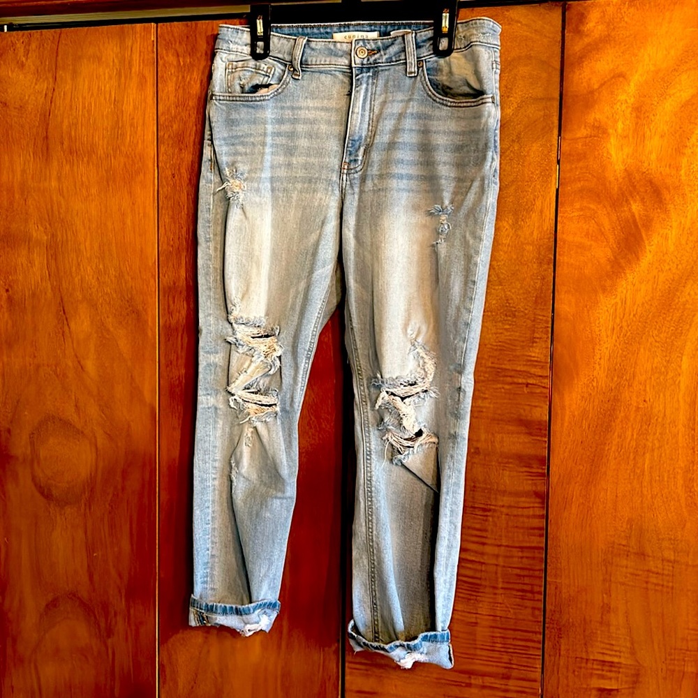 Distressed Light blue denim boyfriend fit for that extra comfy fit .